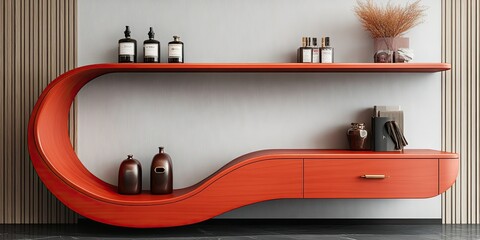 rendering 3D of red wooden luxury wall retail display shelf with drawer and curved shape 