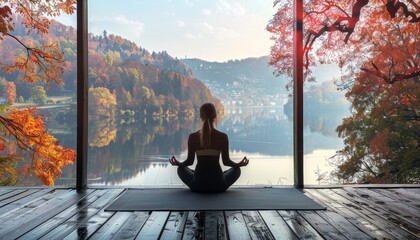 Fototapeta premium Woman Meditating on Wooden Deck with Autumn Lake View, Yoga Practice, Mindfulness, Serenity