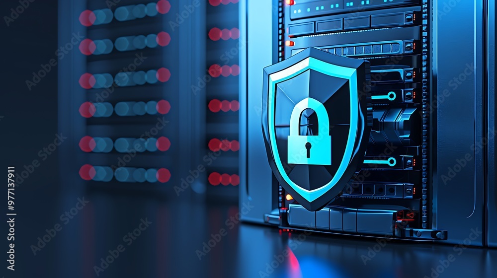 Poster a secure data center with a shield symbolizing cybersecurity, featuring illuminated servers and a fo