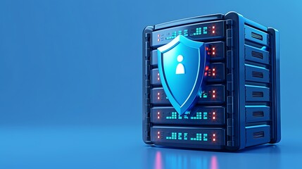 A secure data server with a protective shield symbol, representing cybersecurity and data protection in a digital environment.