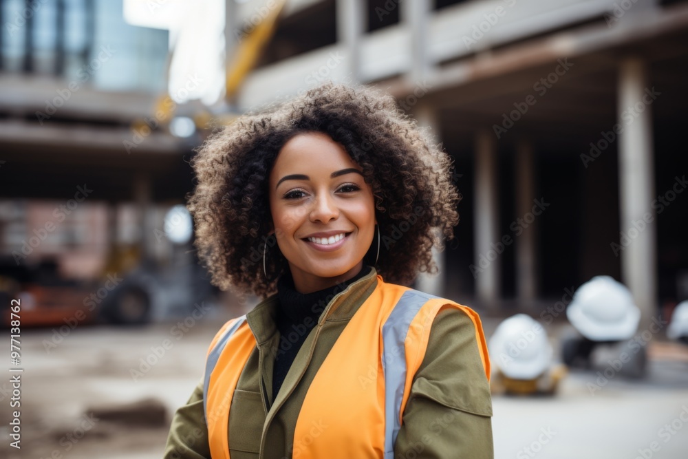 Wall mural smiling portrait of a young female african american architect on construction site