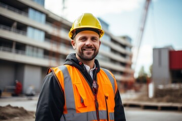 Portrait of a smiling young male Caucasian construction worker on site