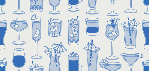 Seamless pattern of cocktailи. Line art, retro. Vector illustration for bars, cafes, and restaurants.