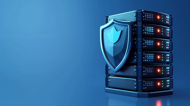 A secure server system featuring a protective shield, symbolizing data security and technology advancement in a modern digital environment.