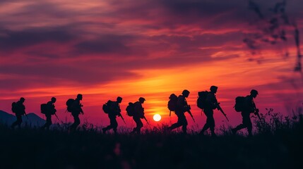 Fototapeta premium Soldiers' silhouettes against a breathtaking sunset, their figures outlined by the fading light. The scene captures the essence of commitment and bravery as they march into the twilight.