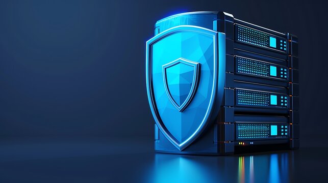 A secure server with a protective shield, representing data security and digital protection in a modern technology environment.