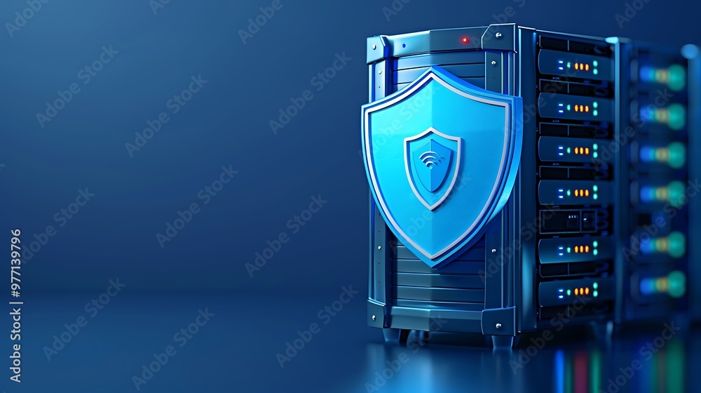 Poster a secure server with a protective shield symbolizes data safety and network security in a modern dig