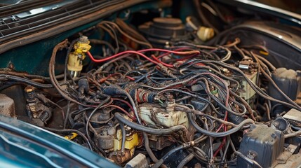 The interior of a car engine is shown with rat-damaged wiring. The wires are bitten and frayed, illustrating the severe consequences of rodent activity on engine functionality.
