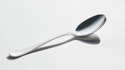 A shiny, silver spoon lying flat on a bright white background, casting a clear reflection.