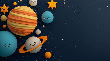 Fototapeta premium Amusing outer space planets with silly faces create bright and cheerful scene, featuring colorful celestial bodies and stars against dark background