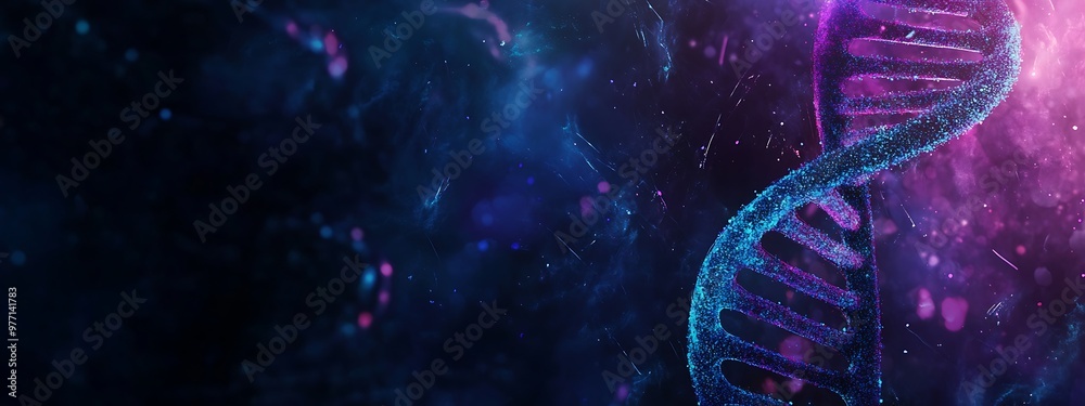 Poster a double helix dna structure illuminated with blue and purple light