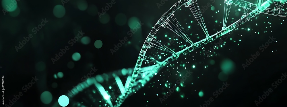 Poster a glowing green dna strand with a bokeh background