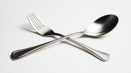 A stainless steel fork and spoon, crossed over one another, lying flat on a white background.
