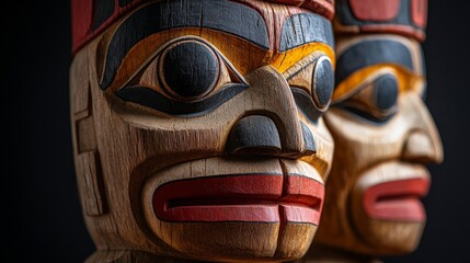 Traditional indigenous carvings on wooden totems, illustrating ancestral stories and spiritual beliefs through detailed and symbolic imagery.