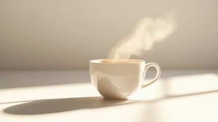Fototapeta premium A white coffee cup with steam rising from it, sitting in the center of a bright white background.