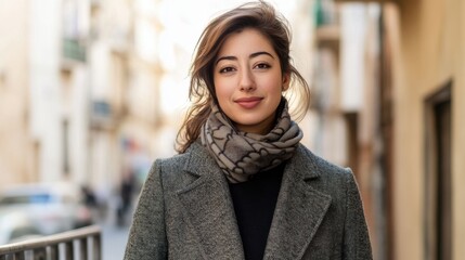 Fototapeta premium Confident Young Woman in Stylish Winter Attire on City Street