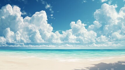 Obraz premium Visualize a dreamy beachscape where fluffy clouds drift lazily across the sky, with the soft sand and crystal-clear water creating a perfect, relaxing retreat