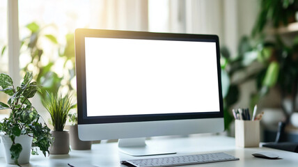 Fototapeta premium Modern workspace with a computer and indoor plants creating a serene environment