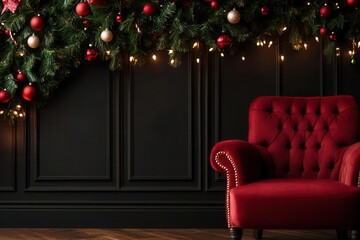 Obraz premium Christmas backdrop adorned with festive decorations and beautifully wrapped Christmas gifts for a cozy holiday vibe,