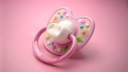 Fototapeta premium Softly glowing pacifier adorned with delicate floral patterns on a gentle pink background, evoking a sense of