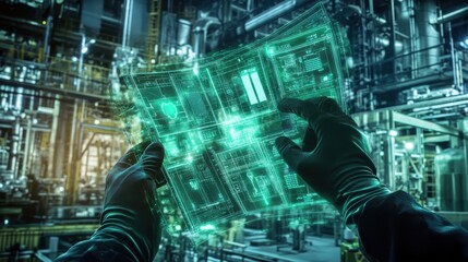 Hands in protective gloves holding a blueprint with glowing augmented reality overlays of safety data, neon green holograms, futuristic factory background.