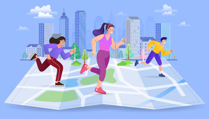 people on the city, jogging in the city and have map. lifestyle concept