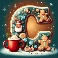 A letter C is made out of gingerbread men and other decorations