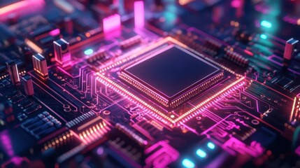 Fototapeta premium Microchip inspection under advanced AI lens, vibrant neon glow on edges, deep focus, highly detailed circuits, soft background blur, futuristic tech style.