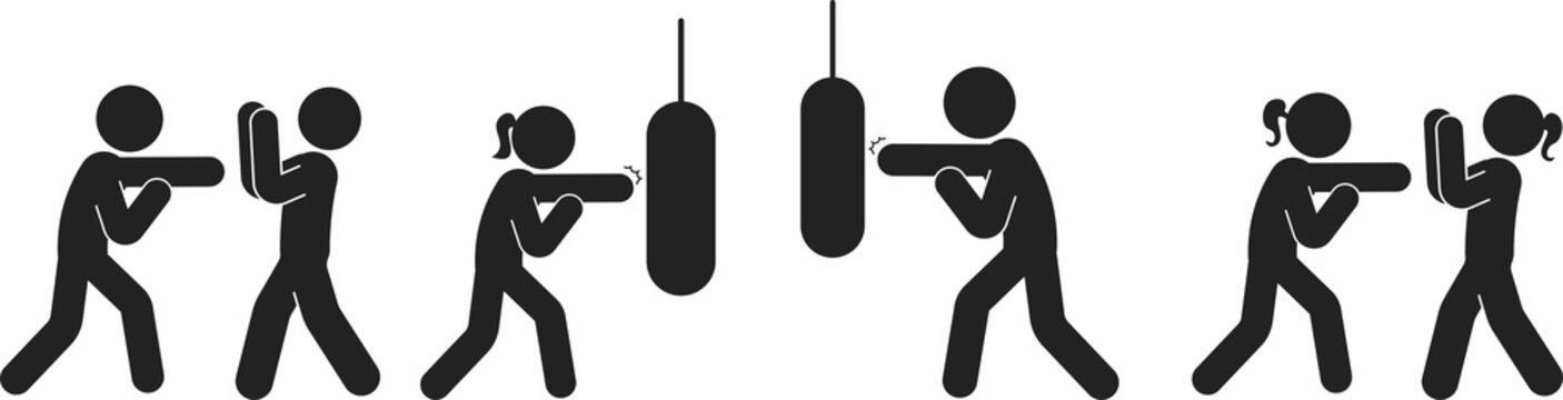 Bundle sport pictogram, boxing icon, man punch on a sandbag, fitness synbol