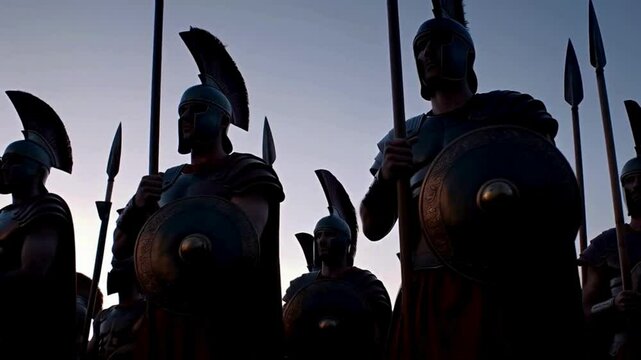 Silhouettes of Soldiers with Spears and Shields Standing in Formation