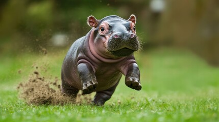Fototapeta premium A bouncy baby hippo running through a grassy field, with its tiny legs kicking up dirt, showing off its playful and energetic nature.