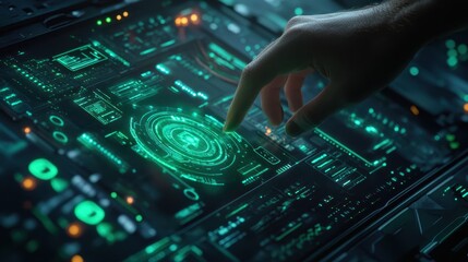 Close-up of a digital holographic interface displaying safety data, a worker's hand interacting with it, neon glowing green and blue lights, futuristic industrial scene.