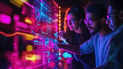 Close-up of team members interacting with a holographic project planner, glowing neon interface, sharp focus on collaboration, vibrant lighting, high-tech office, 3D art.