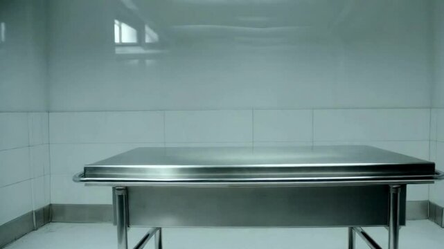 Empty Morgue Room with metal medical table
