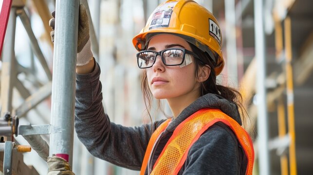 Visualize a woman construction worker setting up scaffolding, showing her role in ensuring safe and efficient construction practices