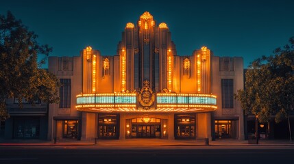 A beautifully designed 1920s Art Deco theater, with its ornate details and elegant marquee