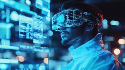 Engineer performing detailed quality evaluation using augmented reality glasses, holographic data and standards floating in front, vibrant blue tones, cyberpunk style.