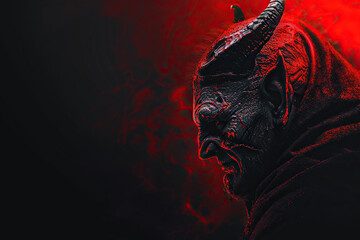 Scary sinister devil is in hell with bright fire lighting on the background