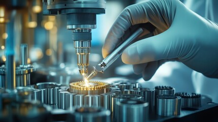 Gloved hands holding a precision tool inspecting small gears, deep focus, sharp metallic reflections, vibrant industrial lighting, steampunk style, highly detailed.