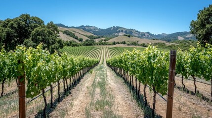 Obraz premium A charming summer backdrop with a picturesque vineyard. Rows of grapevines stretch out under the bright sunlight, and rolling hills create a beautiful and serene landscape.