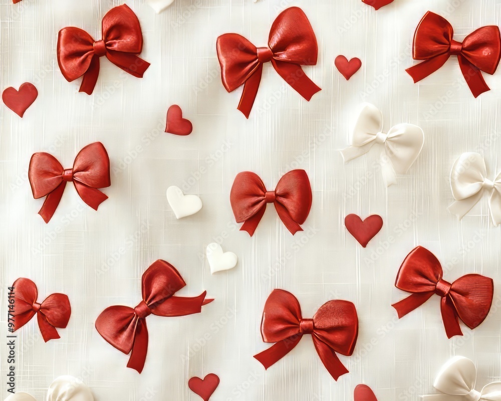 Wall mural A decorative pattern of red and white bows and hearts on a light background.