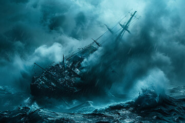Fototapeta premium Underwater view of an old sunken ship on seabed with fish swimming