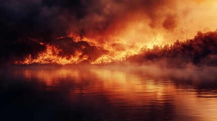 Fototapeta premium A dramatic clash of a raging wildfire and a serene, misty lake. The heat from the fire creates steam over the water, blending the two elements into a captivating visual scene.