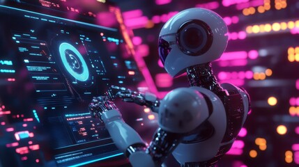 Robot interacting with a holographic dashboard during an audit, digital interface glowing in blue and magenta, Cyberpunk, 3D Render.