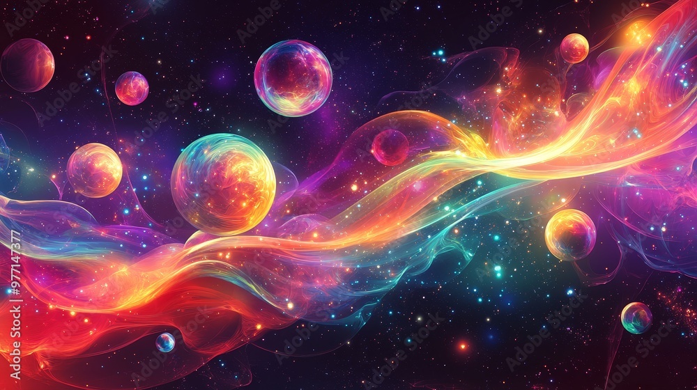 Wall mural a fantastical psychedelic space backdrop with luminescent, floating orbs and interstellar waves of c