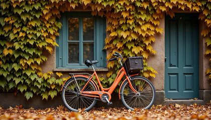 Old orange bicycle against an ivy-covered wall with autumn leaves, capturing nostalgic charm and seasonal beauty.







