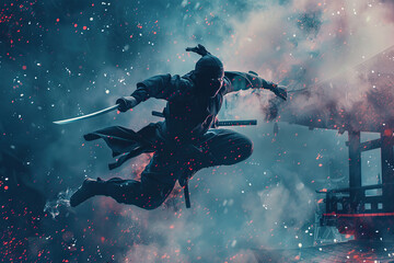 Obraz premium Japanese ninja warrior dressed in samurai clothes holding a sharp sword