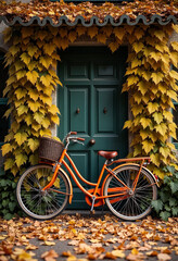 Old orange bicycle against an ivy-covered wall with autumn leaves, capturing nostalgic charm and seasonal beauty.






