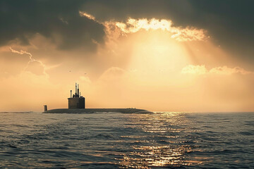 Fototapeta premium Beautiful large submarine floating in middle of ocean during mission
