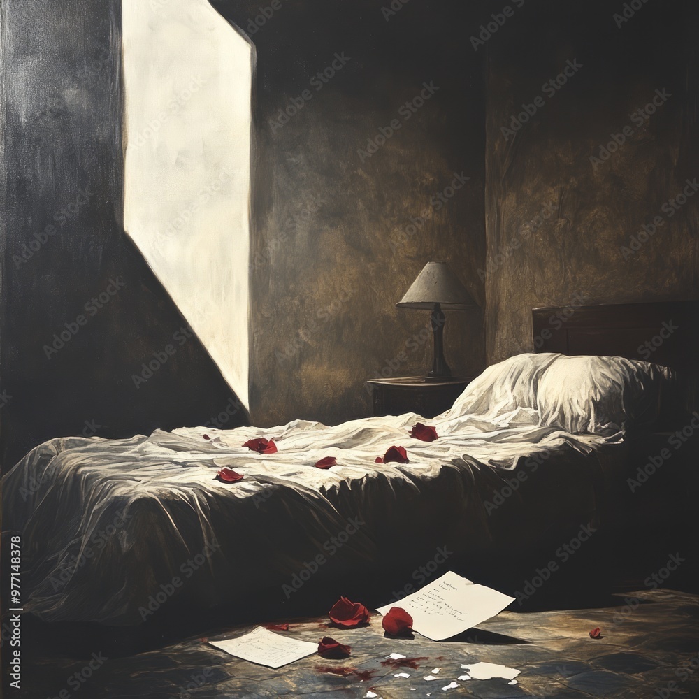 Canvas Prints A dimly lit bedroom with scattered rose petals and crumpled papers.